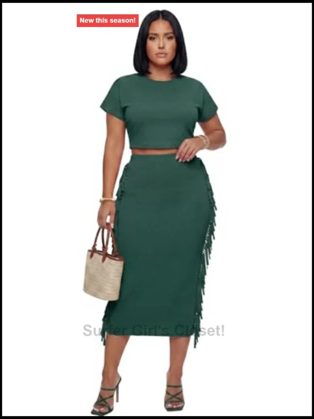 2 Piece Outfit Crop Top Tassel Trim Bodycon Midi Skirt Set